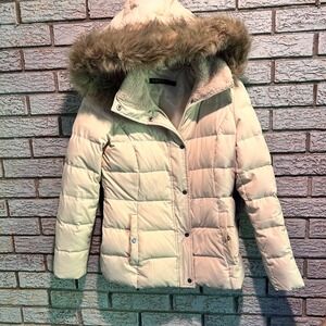 Lauren Ralph Lauren Cream Down Puffer Jacket Faux Fur Hood Small
